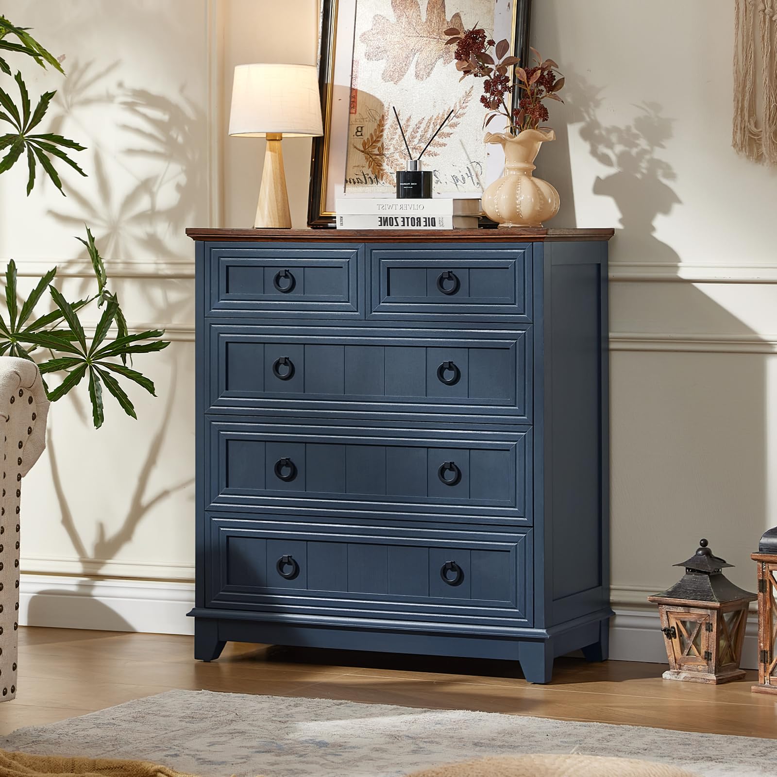 Farmhouse 5-drawer dresser with metal ring pulls, navy blue painted finish