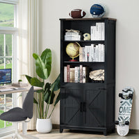 Joaxswe 70in Tall Bookshelf 5 Tier Bookcase with Barn Doors and Adjustable Shelves, Blue Farmhouse Book Shelf with Storage Cabinet, Wood Freestanding Display Bookshelves for Bedroom, Living Room