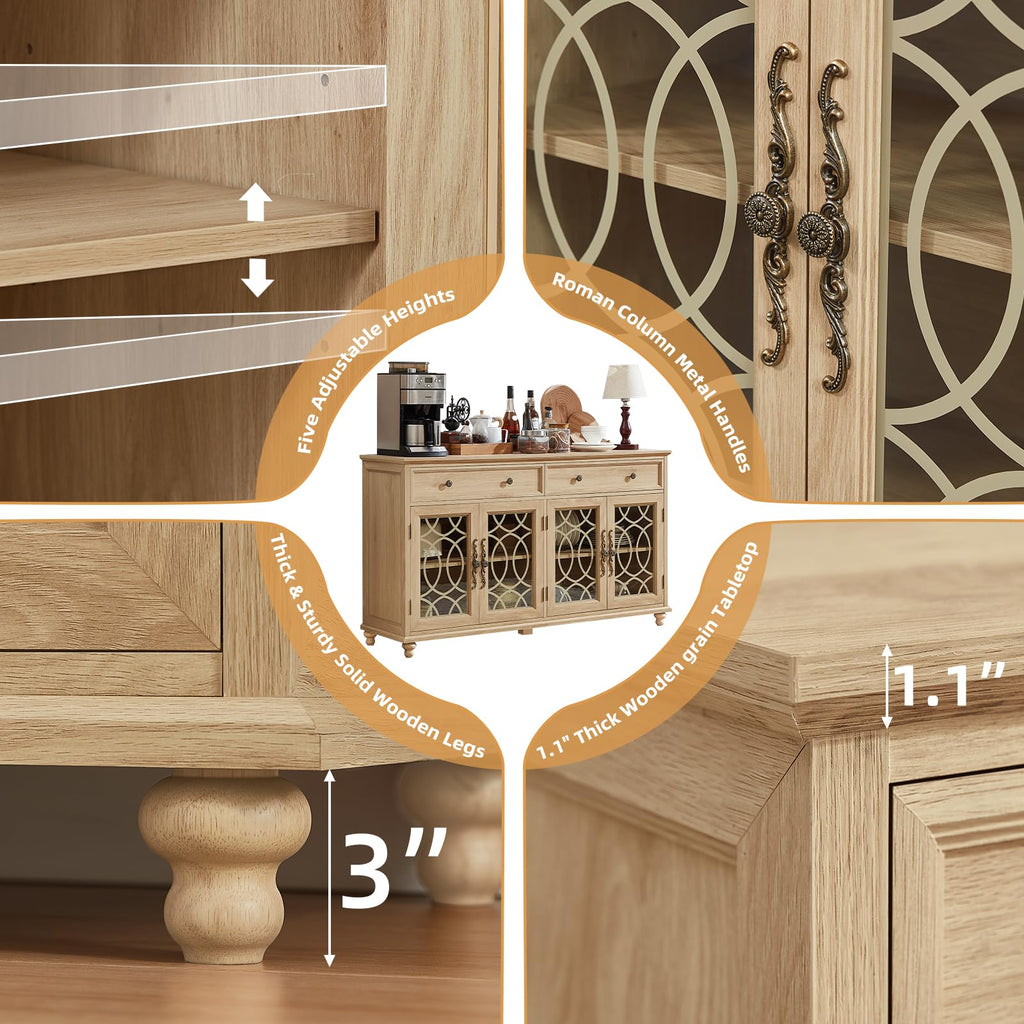 Light wood sideboard cabinet showing adjustable shelf, roman column handles, and legs