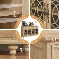 Light wood sideboard cabinet with adjustable shelves, glass doors, and decorative metal pulls