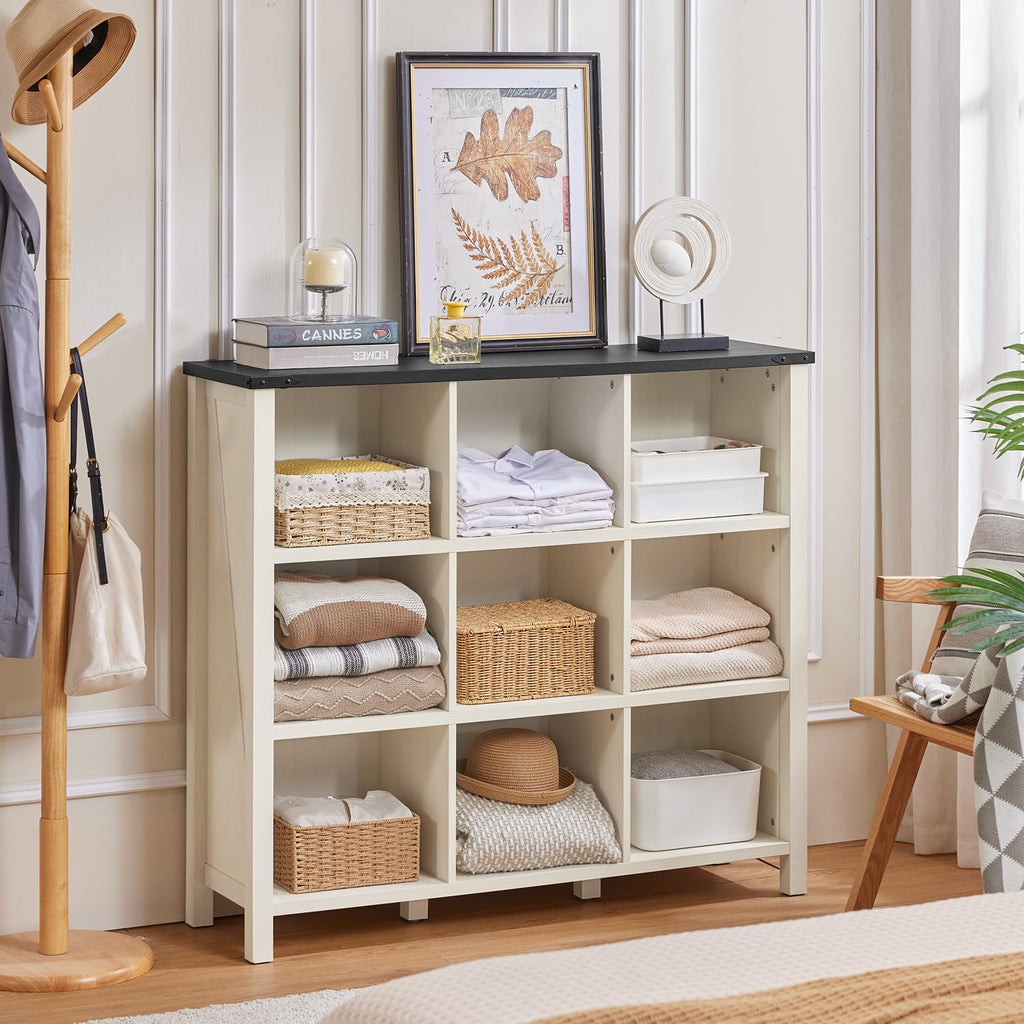 White open bookcase with cubby storage and a flat top for framed decor and baskets