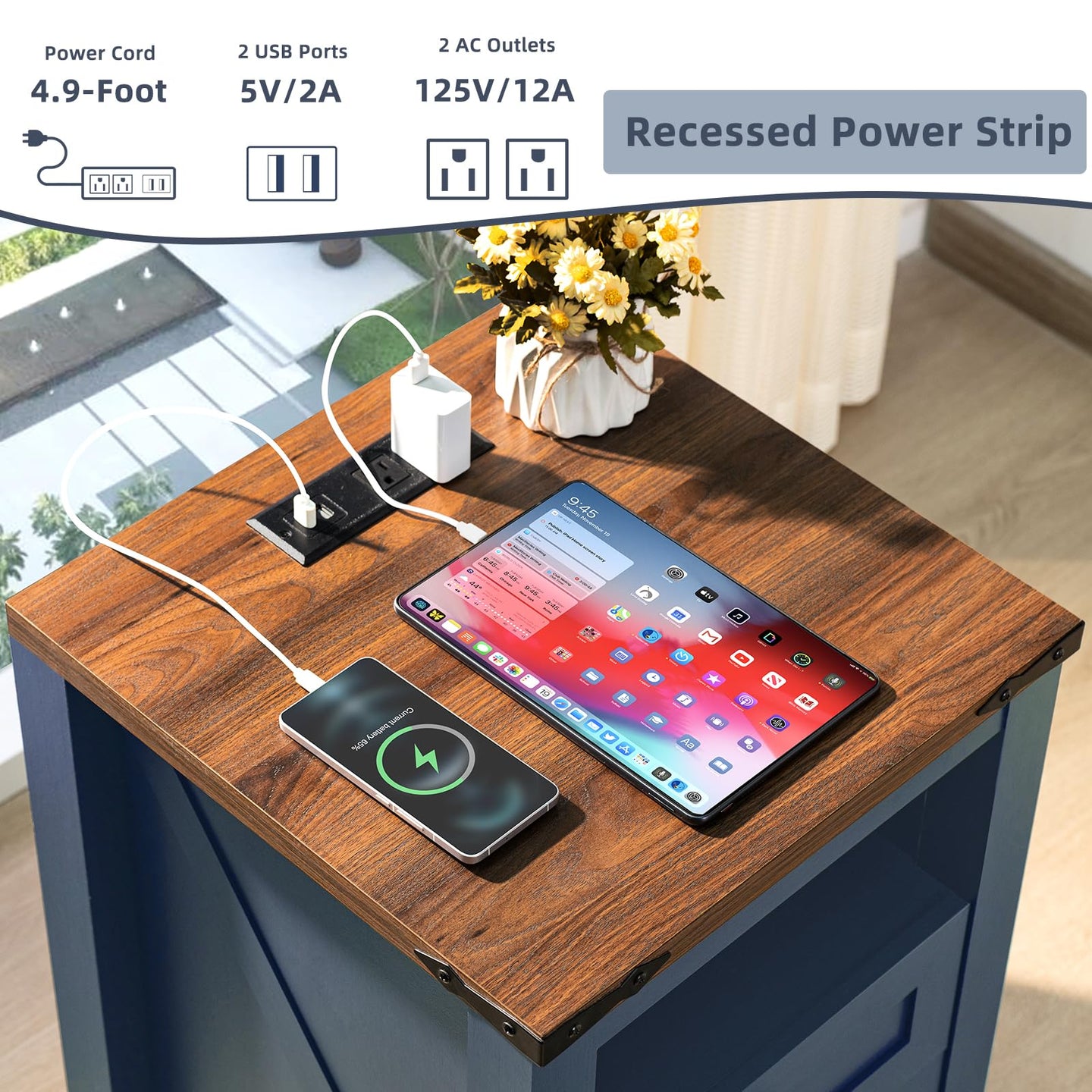 Joaxswe nightstand top with recessed power strip, 2 USB ports, and 2 AC outlets