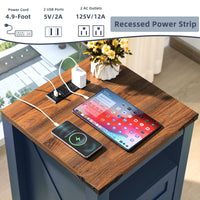 Wood-grain charging top with recessed power strip, USB ports, and power cord