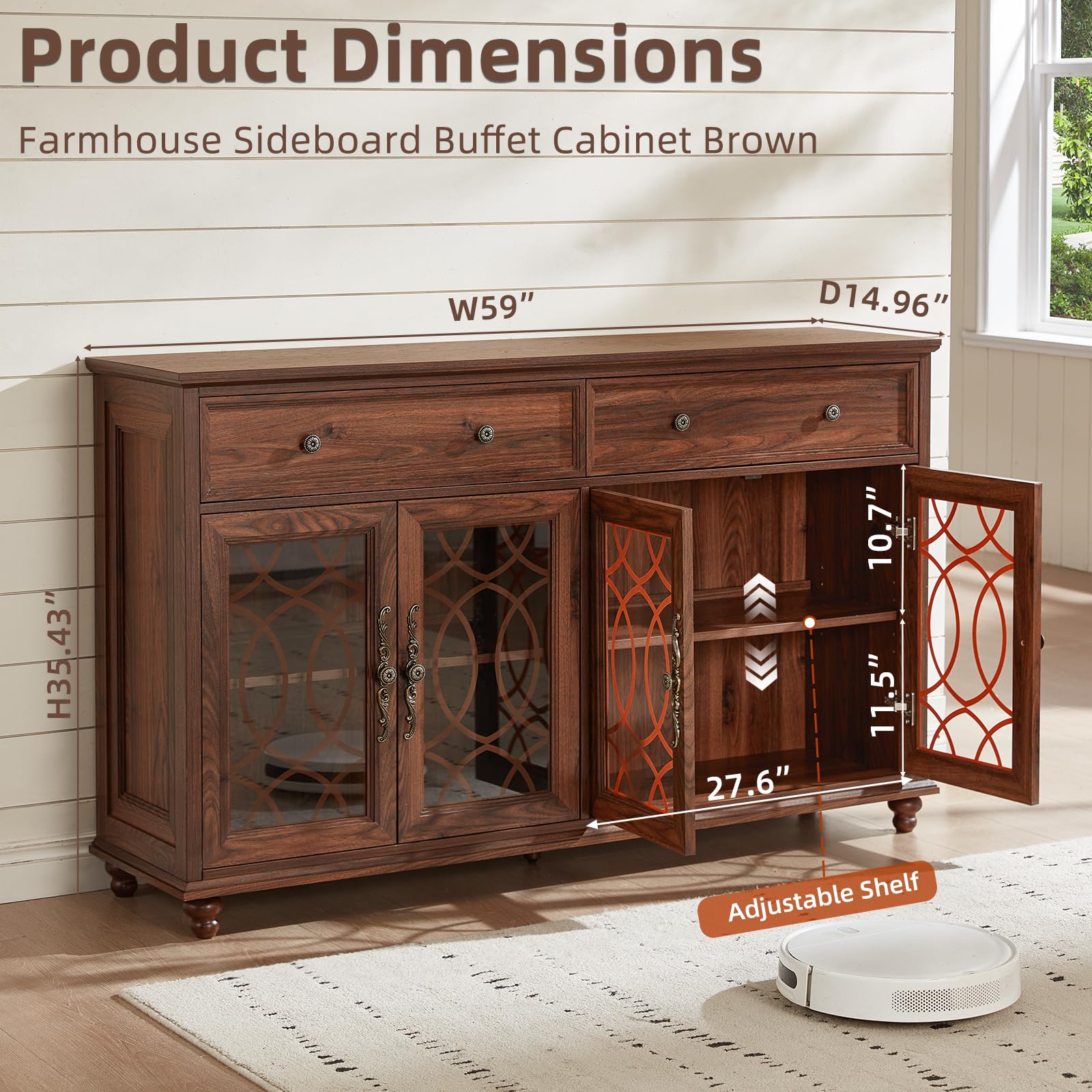 Brown wood sideboard buffet cabinet with 2 glass doors and 2 drawers, open shelves