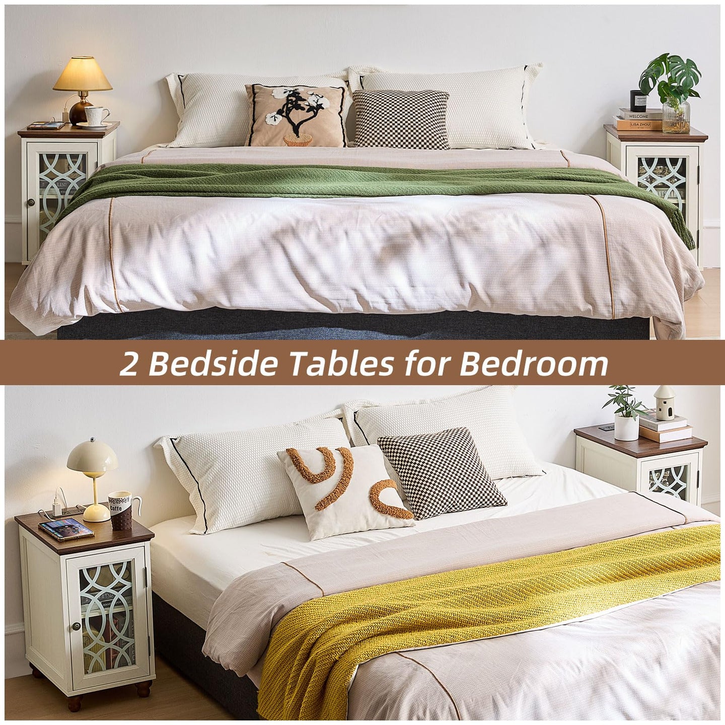 Pair of white bedside tables with lattice glass doors and solid tops for bedroom storage.