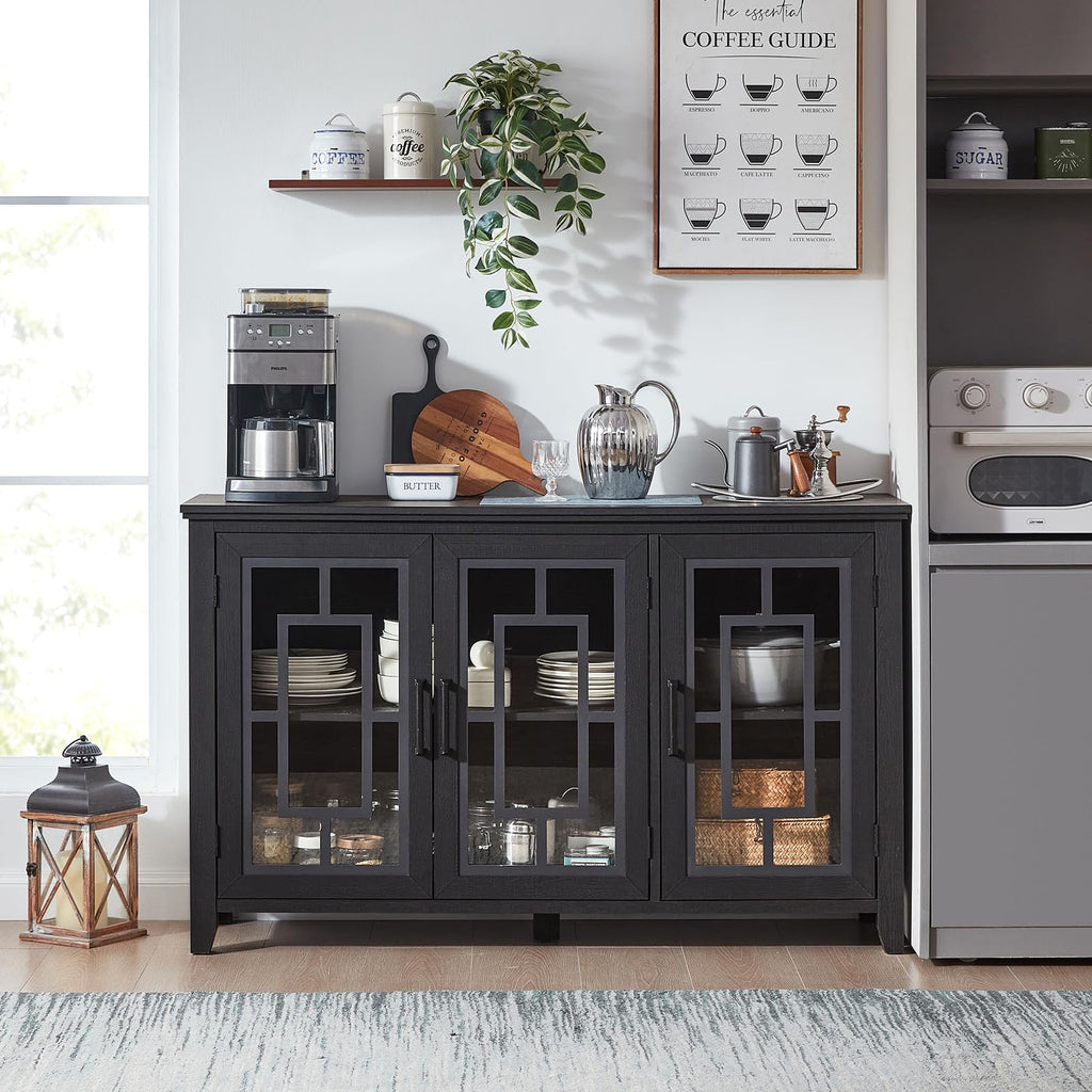 Black sideboard buffet cabinet with two glass doors and display-ready interior shelves