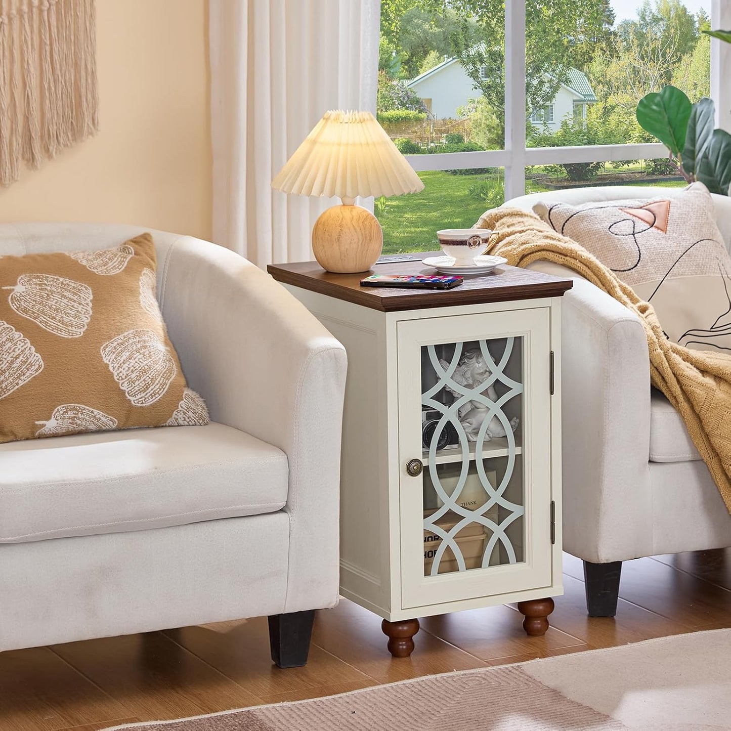 Narrow Side Table with Charging Station, Night Stand with Glass Door, Bedside End Tables with Adjustable Shelf Storage Cabinet,Wood Nightstand for Small Spaces Living Room Bedroom