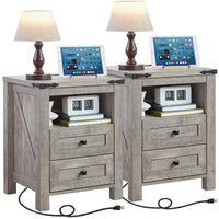 Light grey farmhouse nightstand with charging top, two drawers, and open shelf storage
