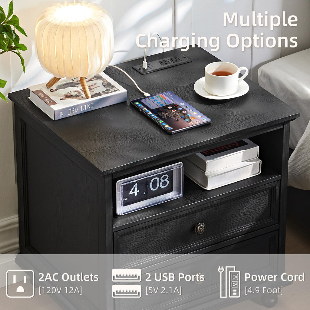 Dark wood dresser with thick tabletop, drawer front, and round metal pull