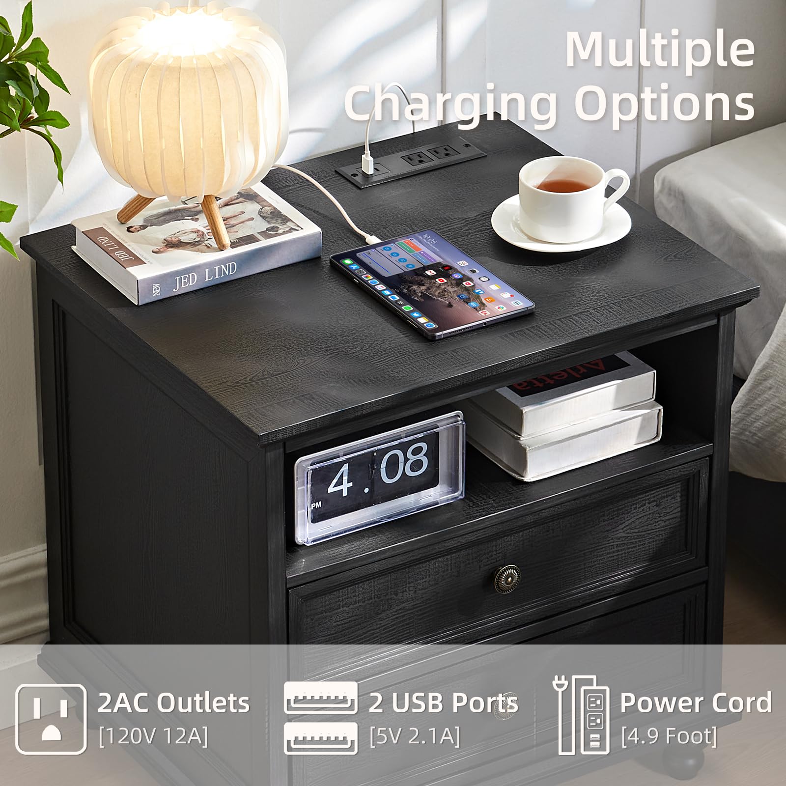 Dark wood dresser with thick tabletop, drawer front, and round metal pull