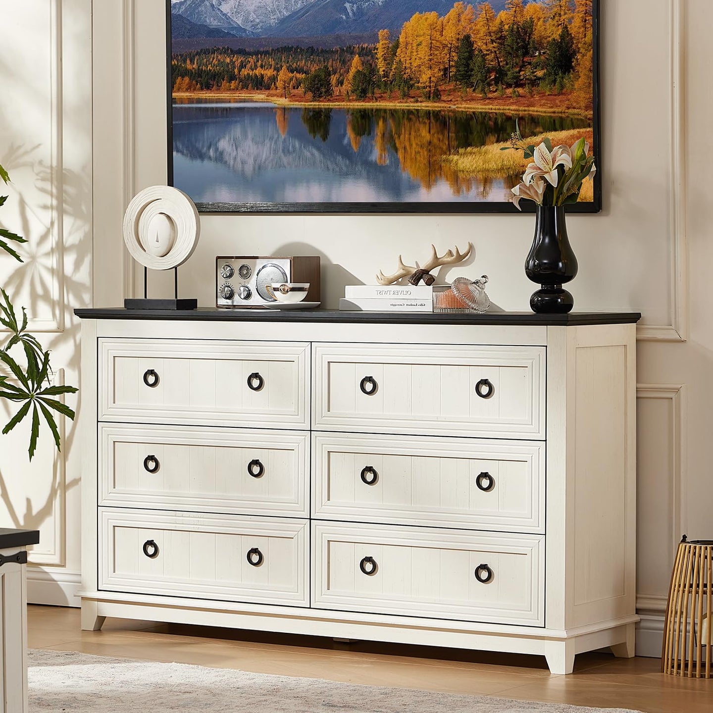White wood dresser with six drawers and round metal knobs, farmhouse style chest for storage