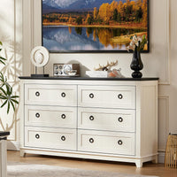White wood dresser with six drawers and round metal knobs, farmhouse style chest for storage