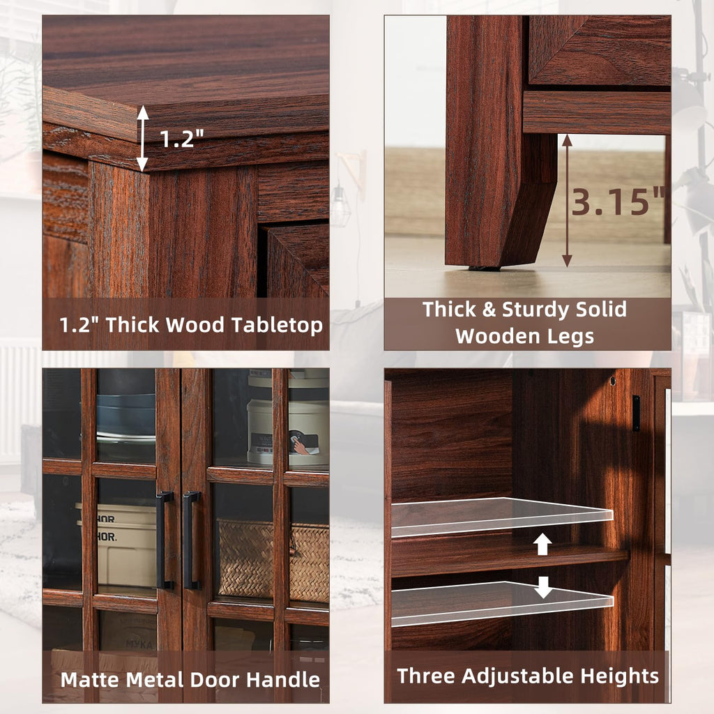 Brown sideboard cabinet close-up showing thick wood top and adjustable shelf heights