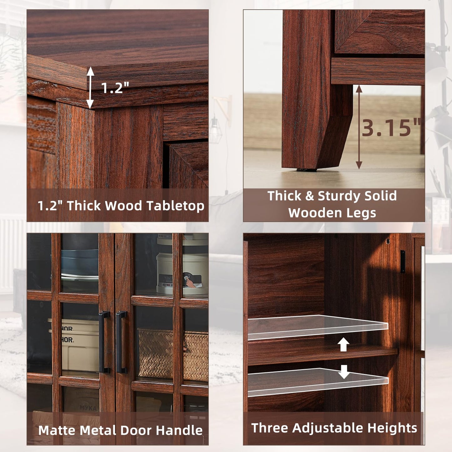 Brown sideboard cabinet with thick wood tabletop, matte metal handles, and adjustable shelves