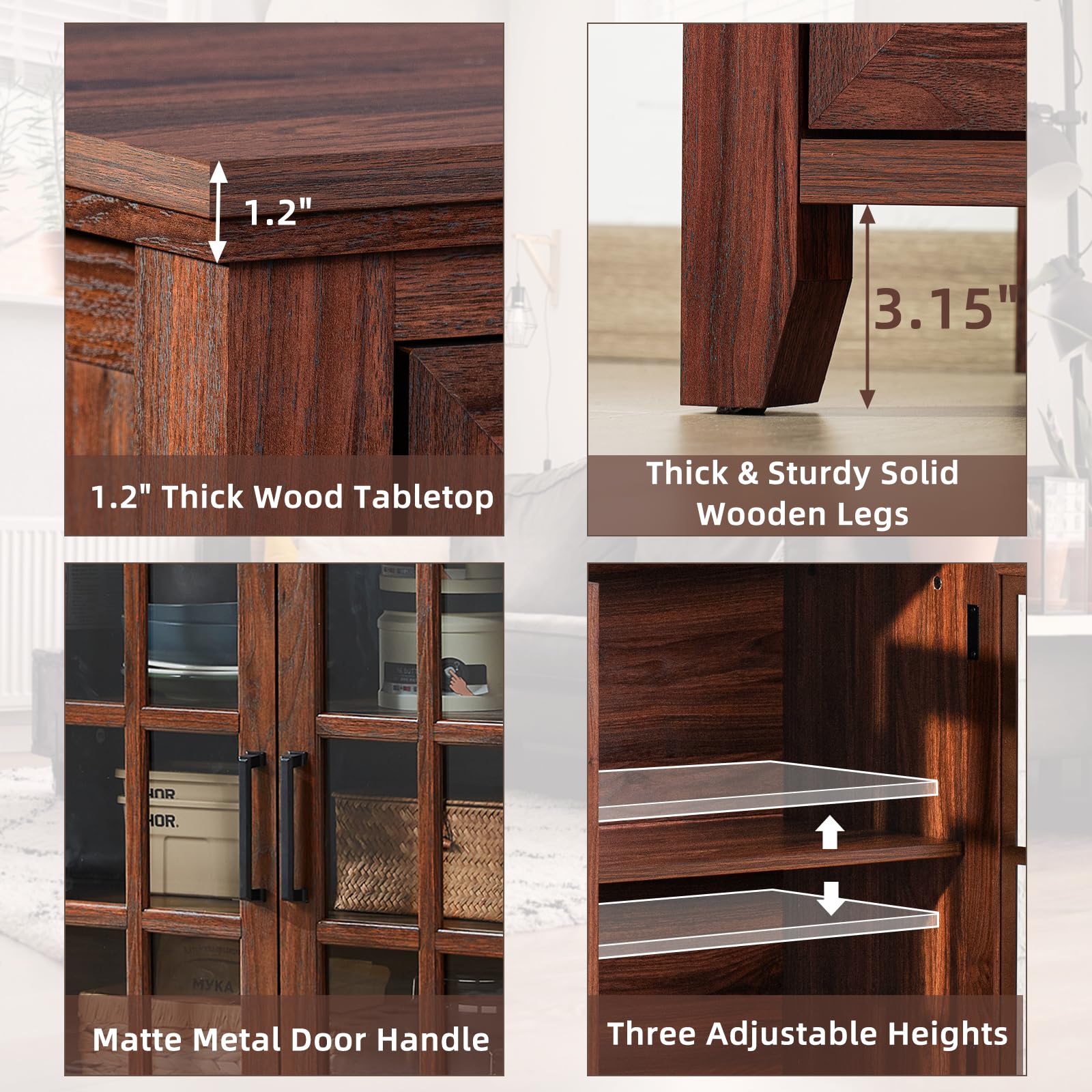Brown sideboard cabinet close-up showing thick wood top and adjustable shelf heights