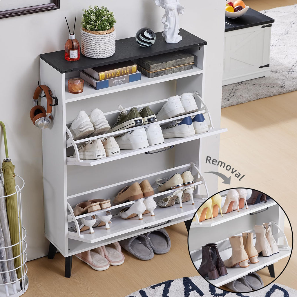 White shoe storage cabinet with open shelves holding shoes