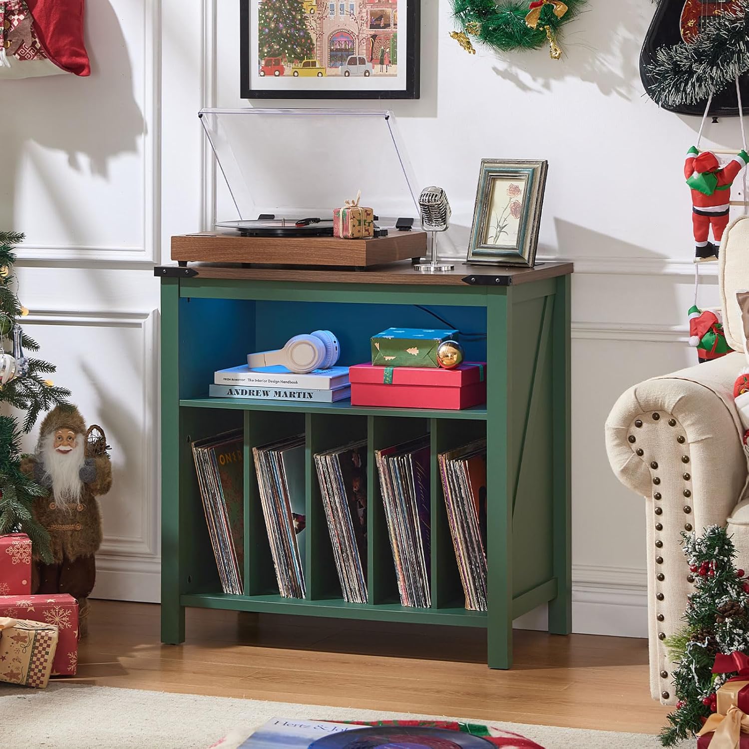 Large Record Player Table with Charging Station & LED Lights, Green Vinyl Record Storage Cabinet Holds up to 230 Albums, Turntable Stand with Display Shelf for Music Room Bedroom Living Room