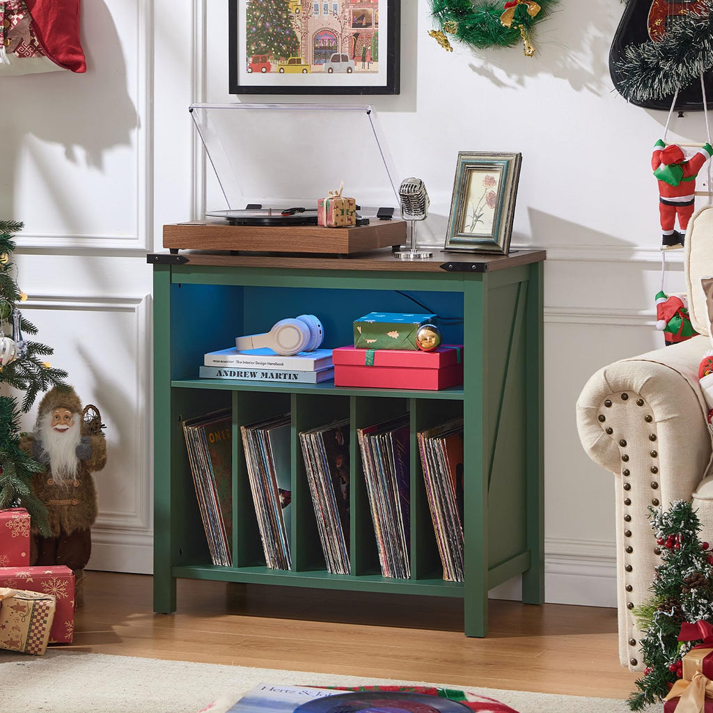 Green record player stand with open shelves for vinyl records