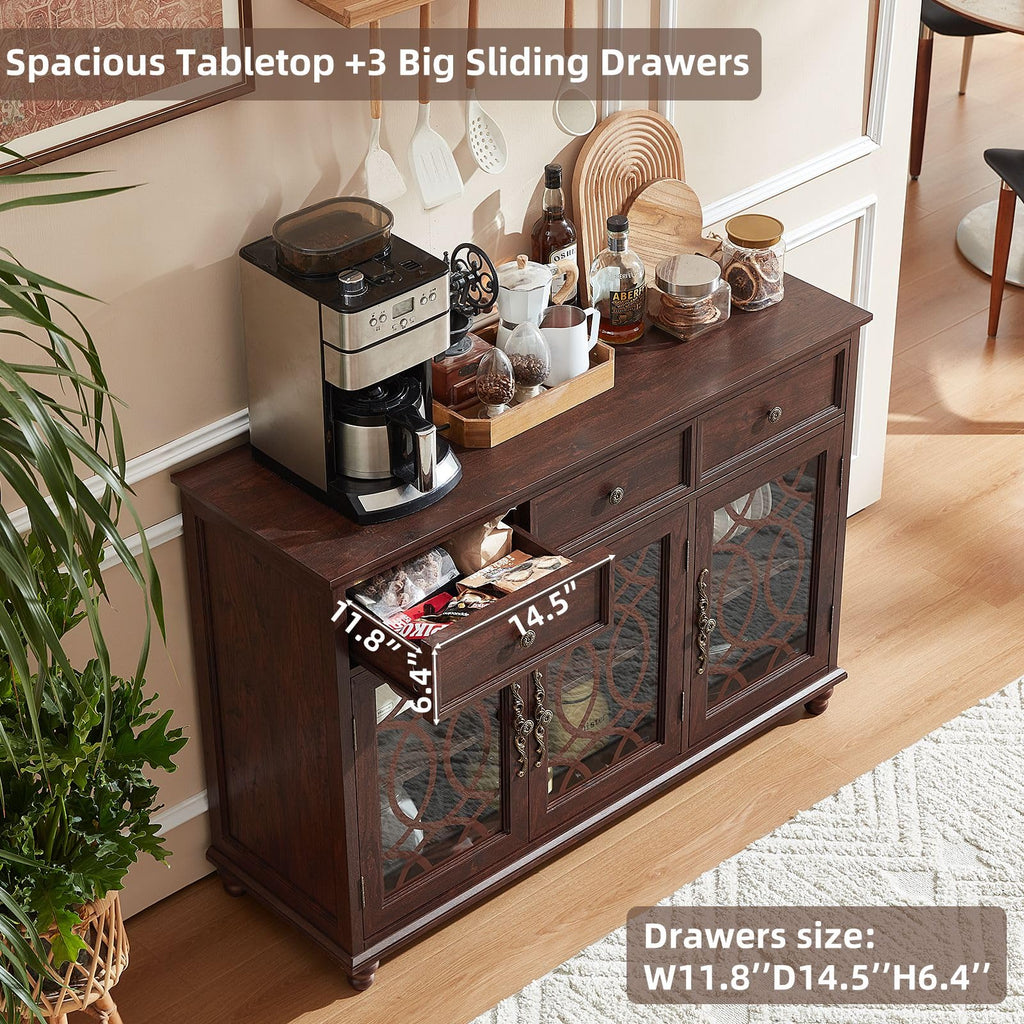 Brown sideboard buffet with sliding drawers, glass-front doors, and adjustable shelf