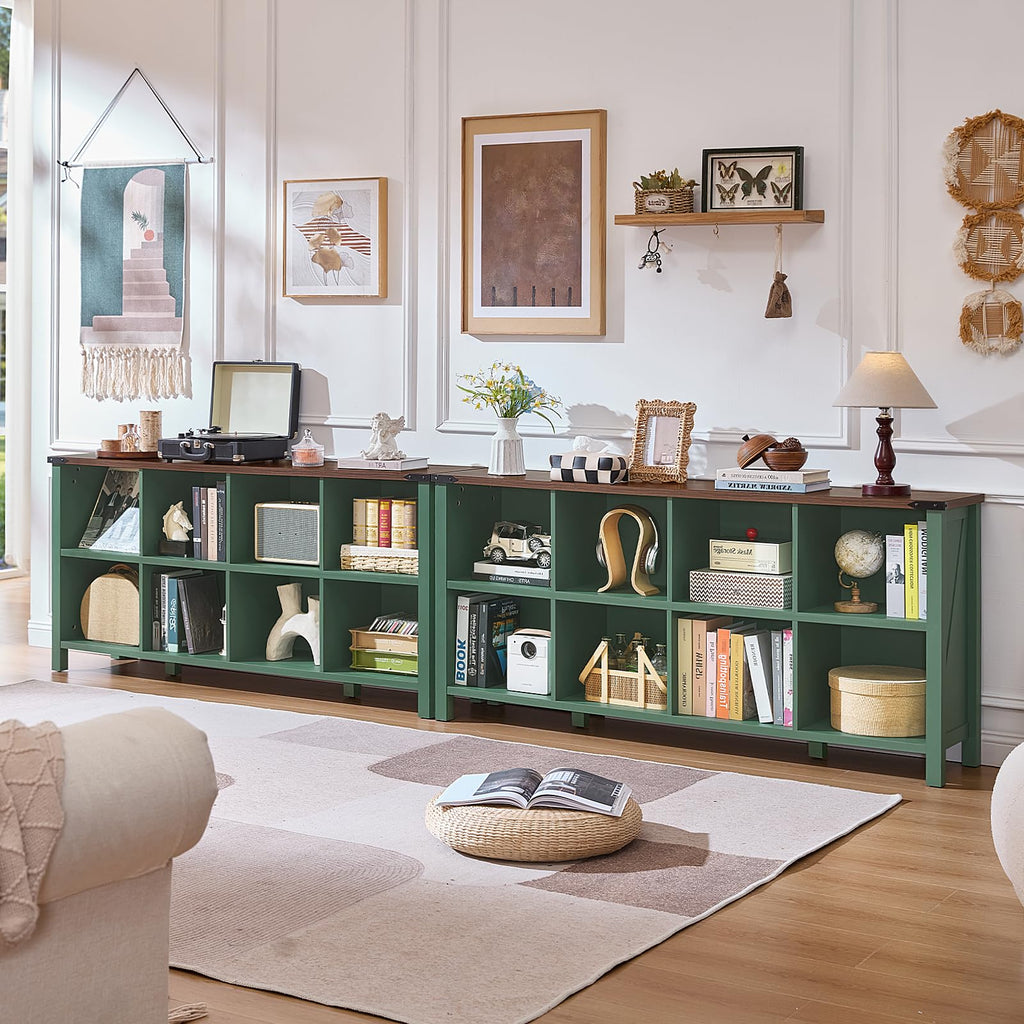 Green console bookcase with open cube shelves and evenly spaced storage compartments