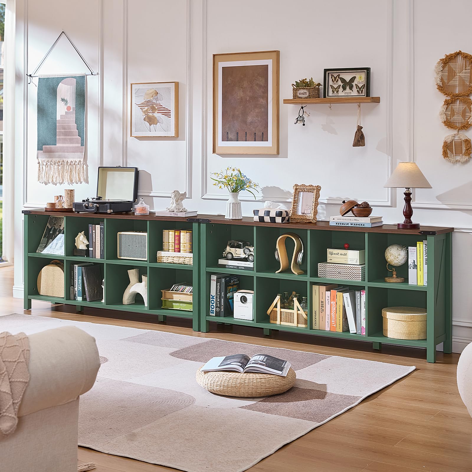 Green console bookcase with open cube shelves and evenly spaced storage compartments