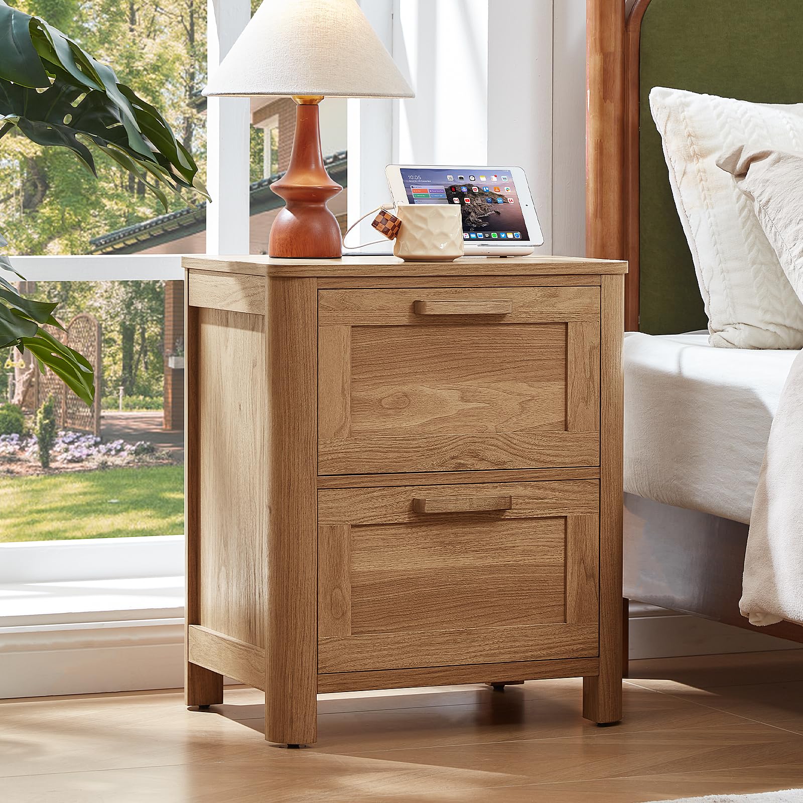 Farmhouse Nightstand with Charging Station, End Tables Bedroom with 2 Large Drawers & 4 Thickened Table Legs, Walnut