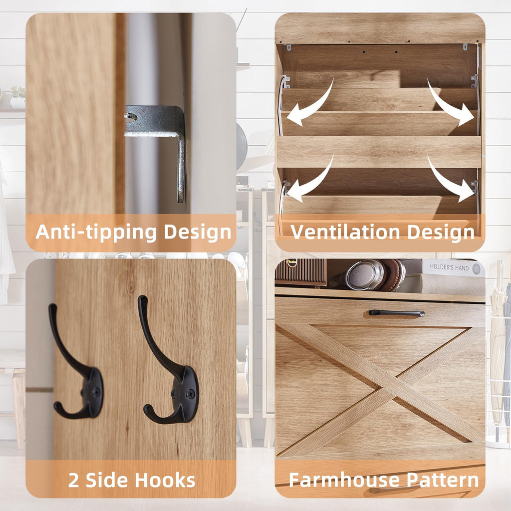 Navy shoe storage cabinet interior showing ventilation shelves and 2 side hooks