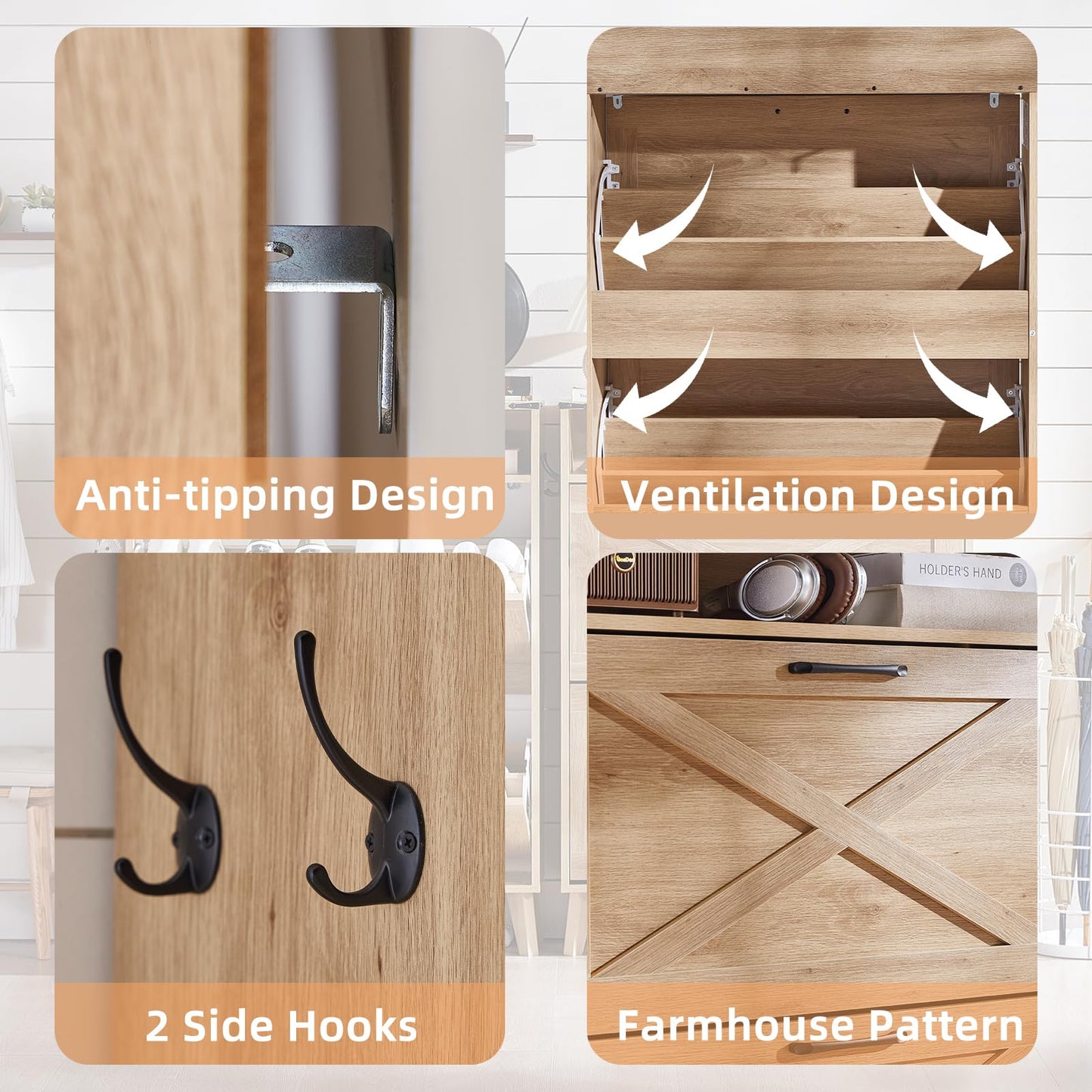 Shoe storage cabinet side hooks and farmhouse-pattern flip doors, light wood
