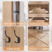 Shoe storage cabinet side hooks and farmhouse-pattern flip doors, light wood