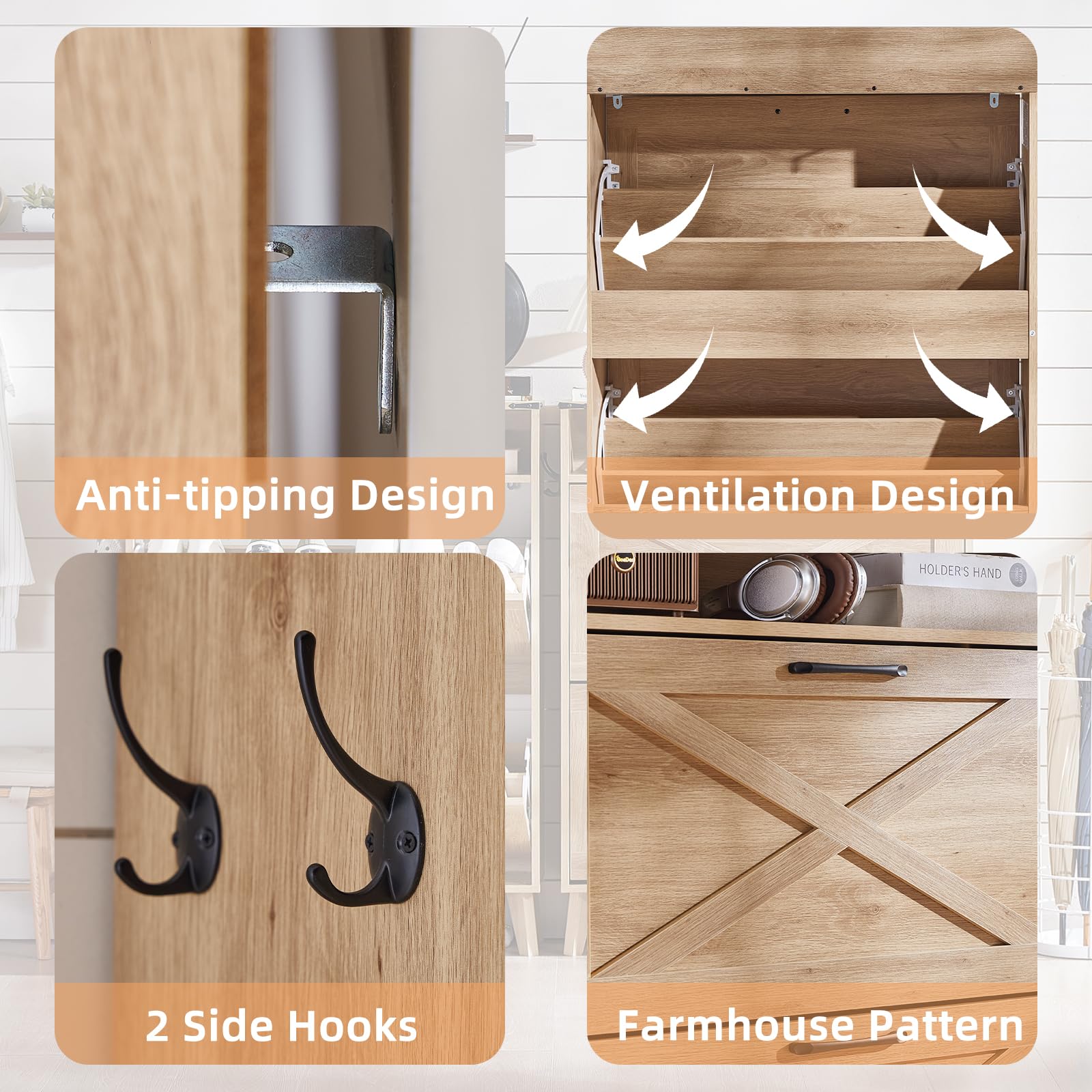 Navy shoe storage cabinet interior showing ventilation shelves and 2 side hooks