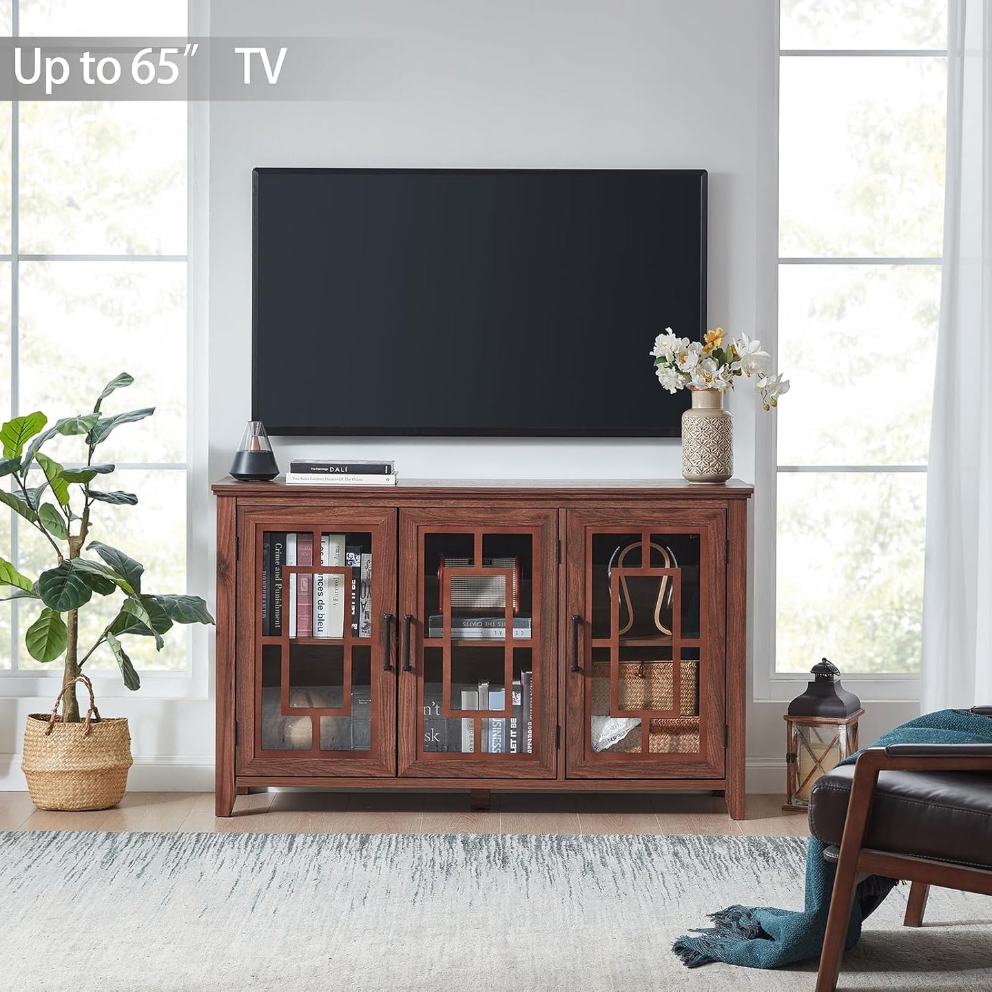 Brown sideboard cabinet with three glass-front doors and storage for books or media