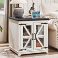Farmhouse end table with dark top and glass barn doors with X-style accents