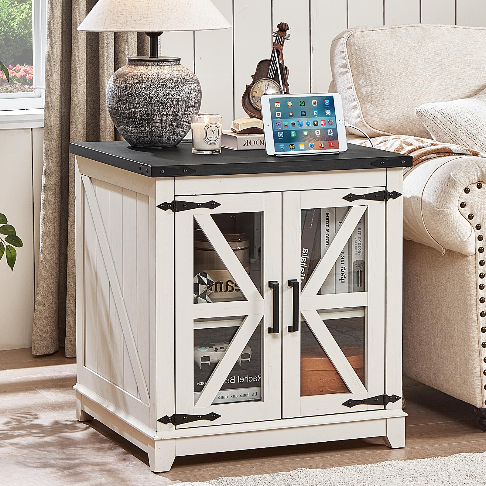 Farmhouse end table with dark top and glass barn doors with X-style accents