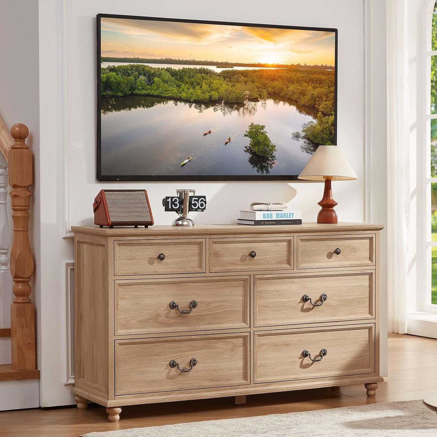 Joaxswe Farmhouse Dresser and Nightstand Sets 3 Piece, Nightstands Set of 2 and 7 Drawers Dresser for Bedroom, 54" Wide and 24" Inch Night Stand Set for Bedroom, Living Room, Hallway