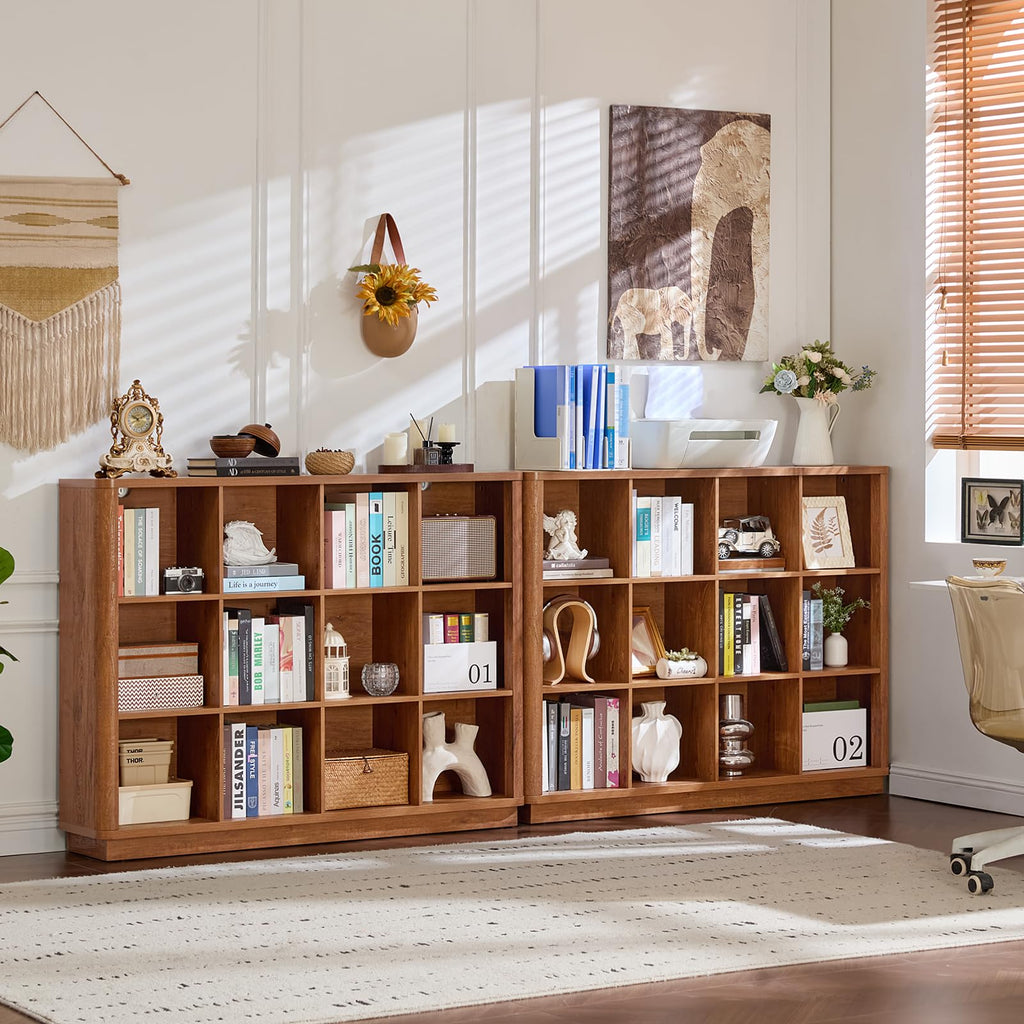 Warm light oak open cube storage bookshelf with many cubbies for books and decor