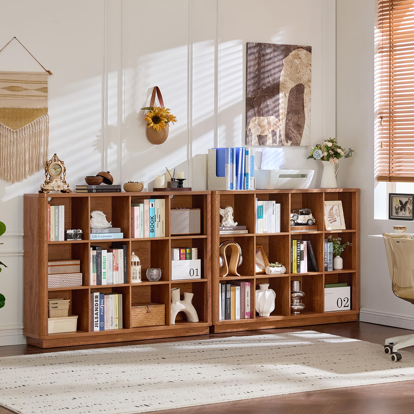 Warm light oak open cube storage bookshelf with many cubbies for books and decor