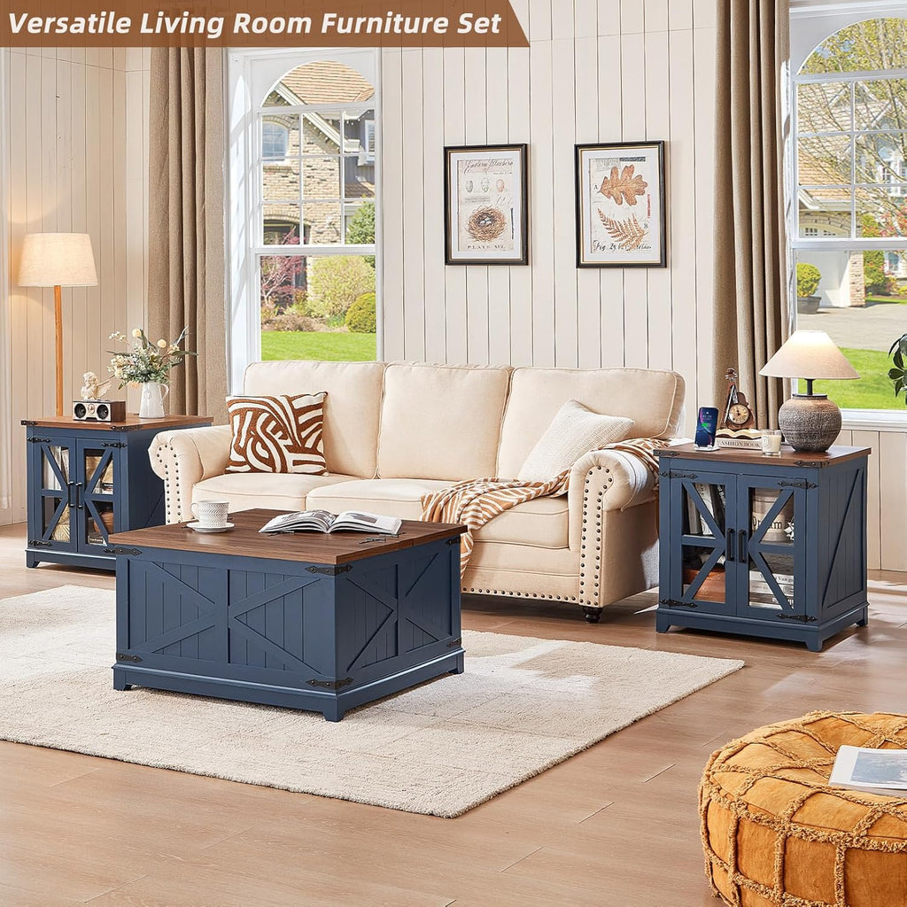 Blue farmhouse living room table set with coffee table and two matching side tables