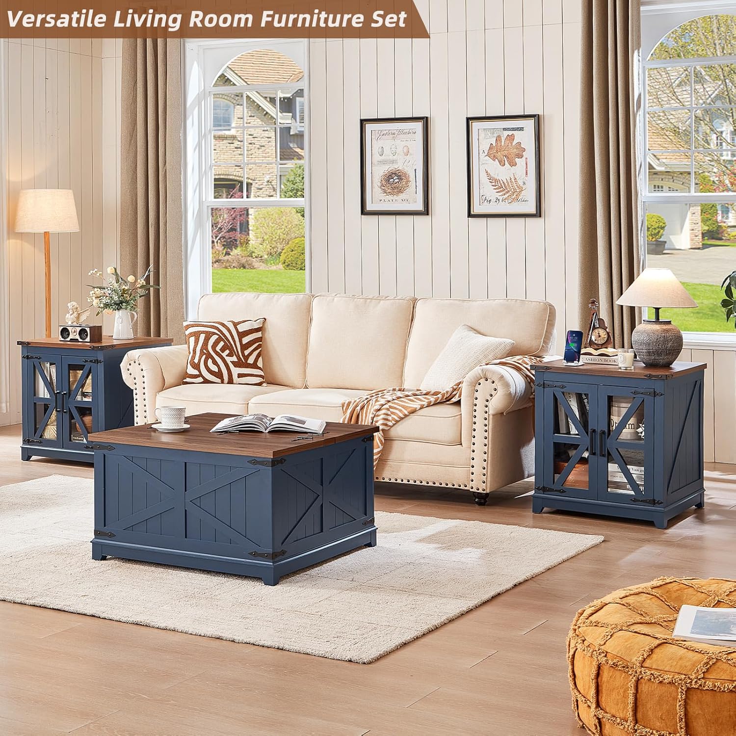 Blue farmhouse living room table set with coffee table and two matching side tables