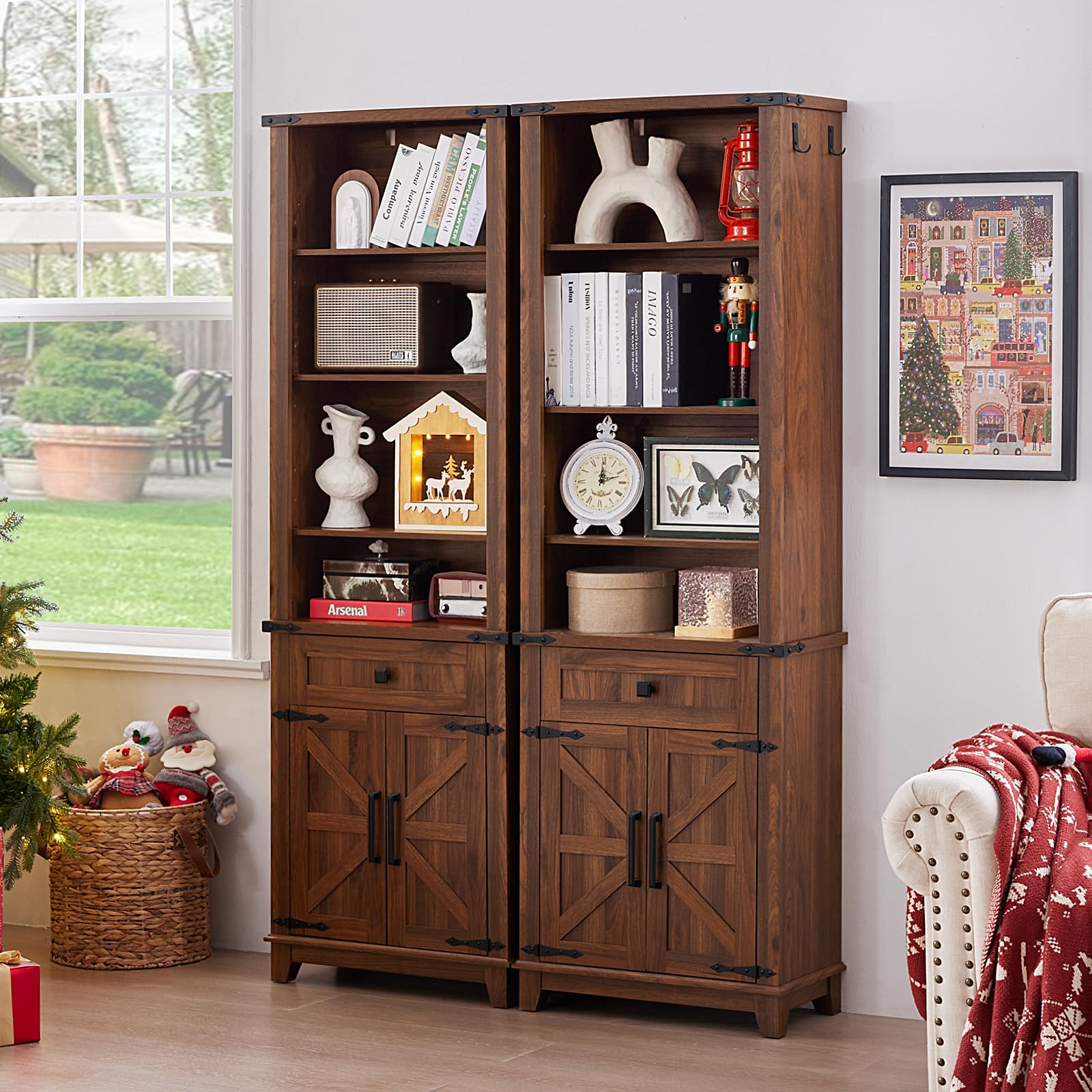 Dark wood bookcase with open shelves, cabinet doors, and two lower drawers