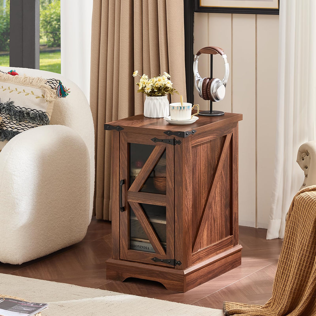 Wood nightstand with cabinet doors and open shelf, dark brown finish, corner handles