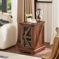 Wood nightstand with cabinet doors and open shelf, dark brown finish, corner handles