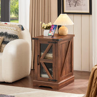 Dark brown wooden lift-top side table with cabinet storage and lower open shelf
