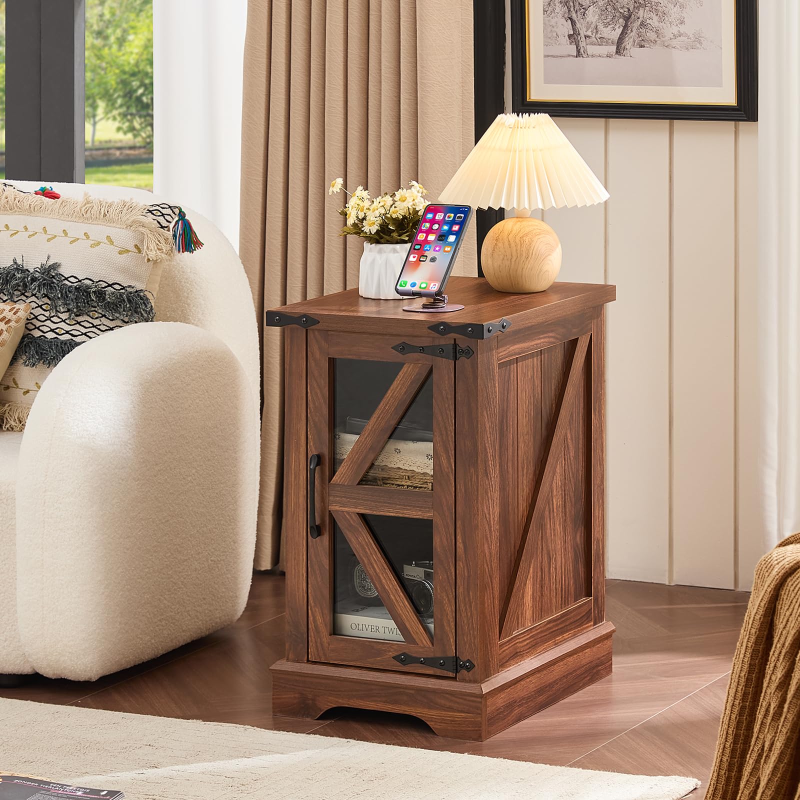 Dark brown wooden lift-top side table with cabinet storage and lower open shelf