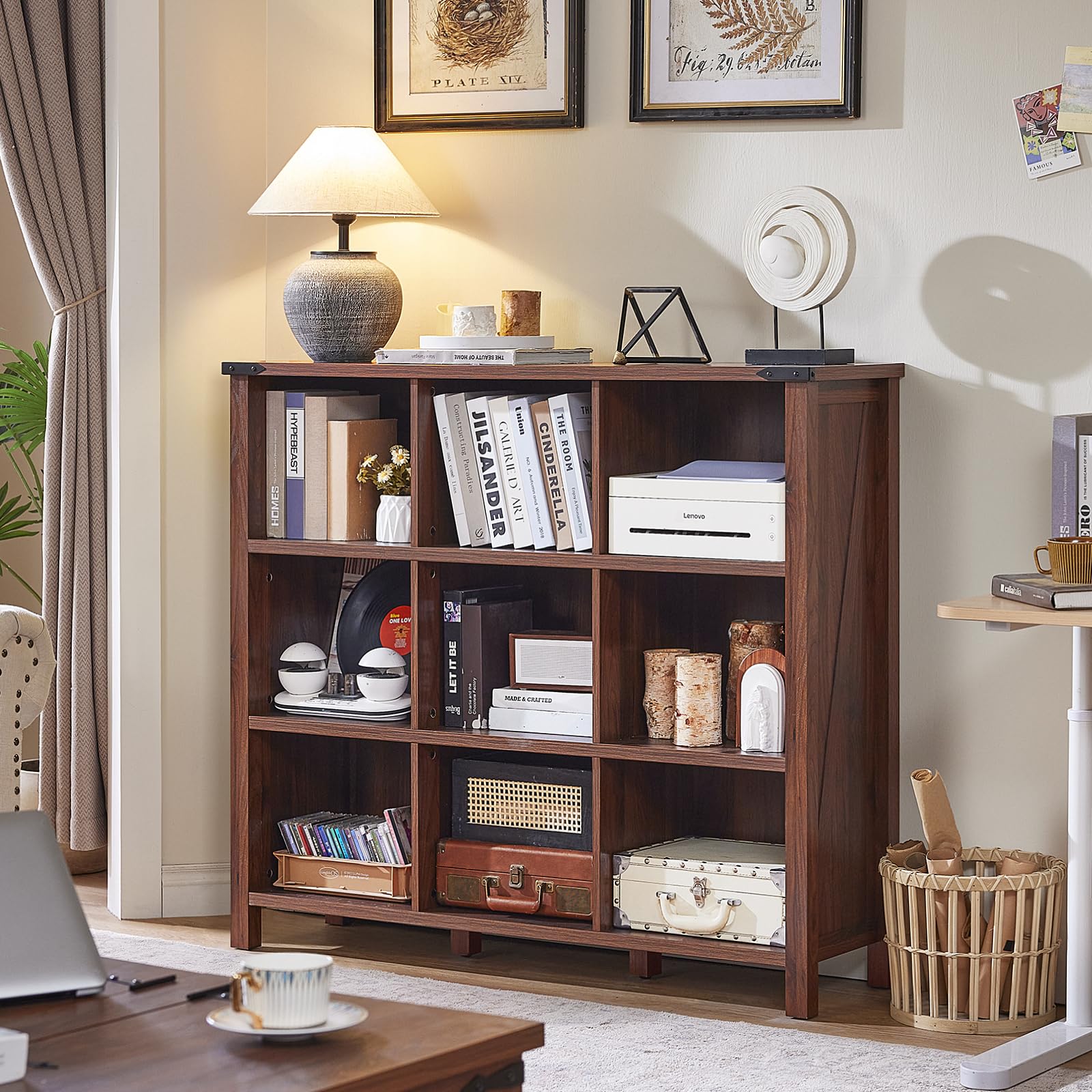 Brown wood console bookcase with open cubby shelves and lower storage compartments