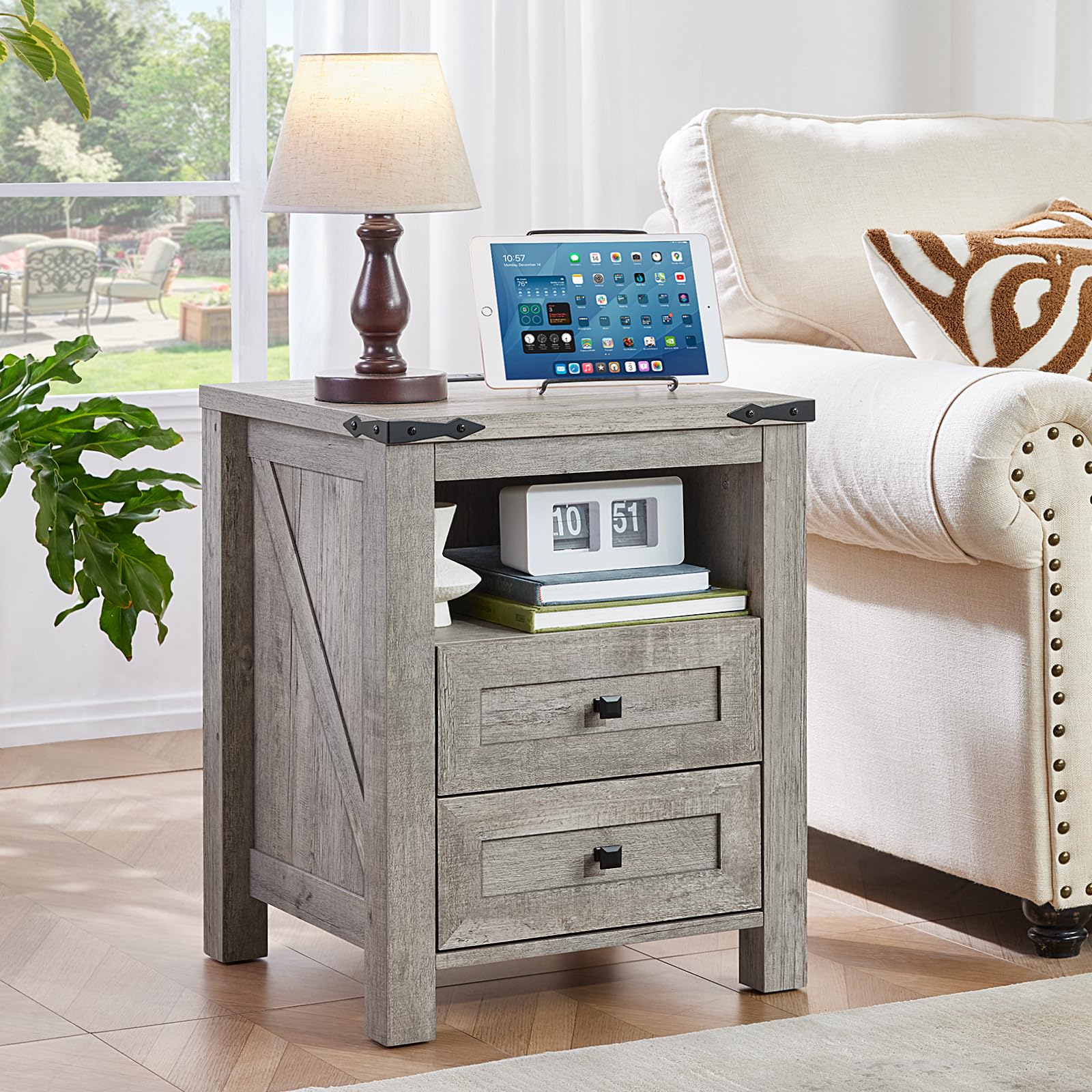 Grey farmhouse nightstand with charging top, two drawers, and open shelf storage