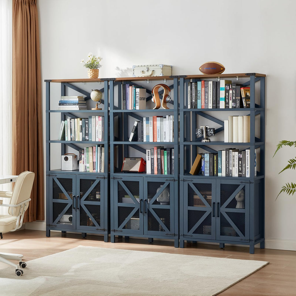 Dark farmhouse bookcase with open shelves, barn-door cabinets, and mesh X panels