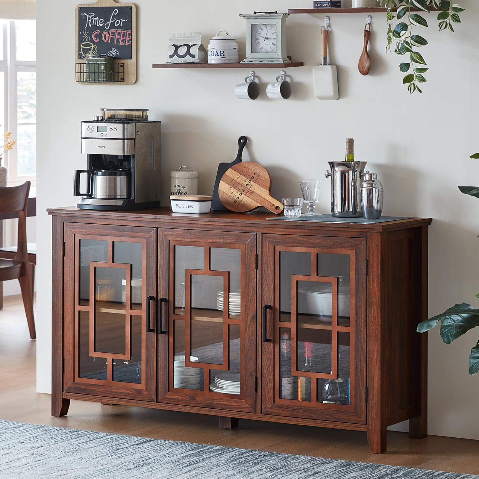 Brown sideboard cabinet with glass doors and cabinet storage across the front.