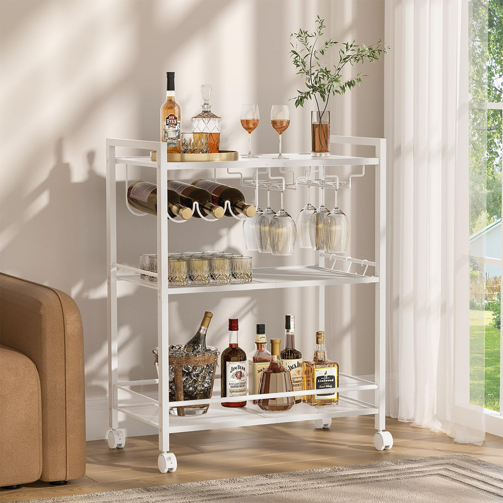 White bar cart with 3-tier shelving, wine rack, glass holder, and rolling wheels