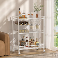 White bar cart with 3-tier shelving, wine rack, glass holder, and rolling wheels