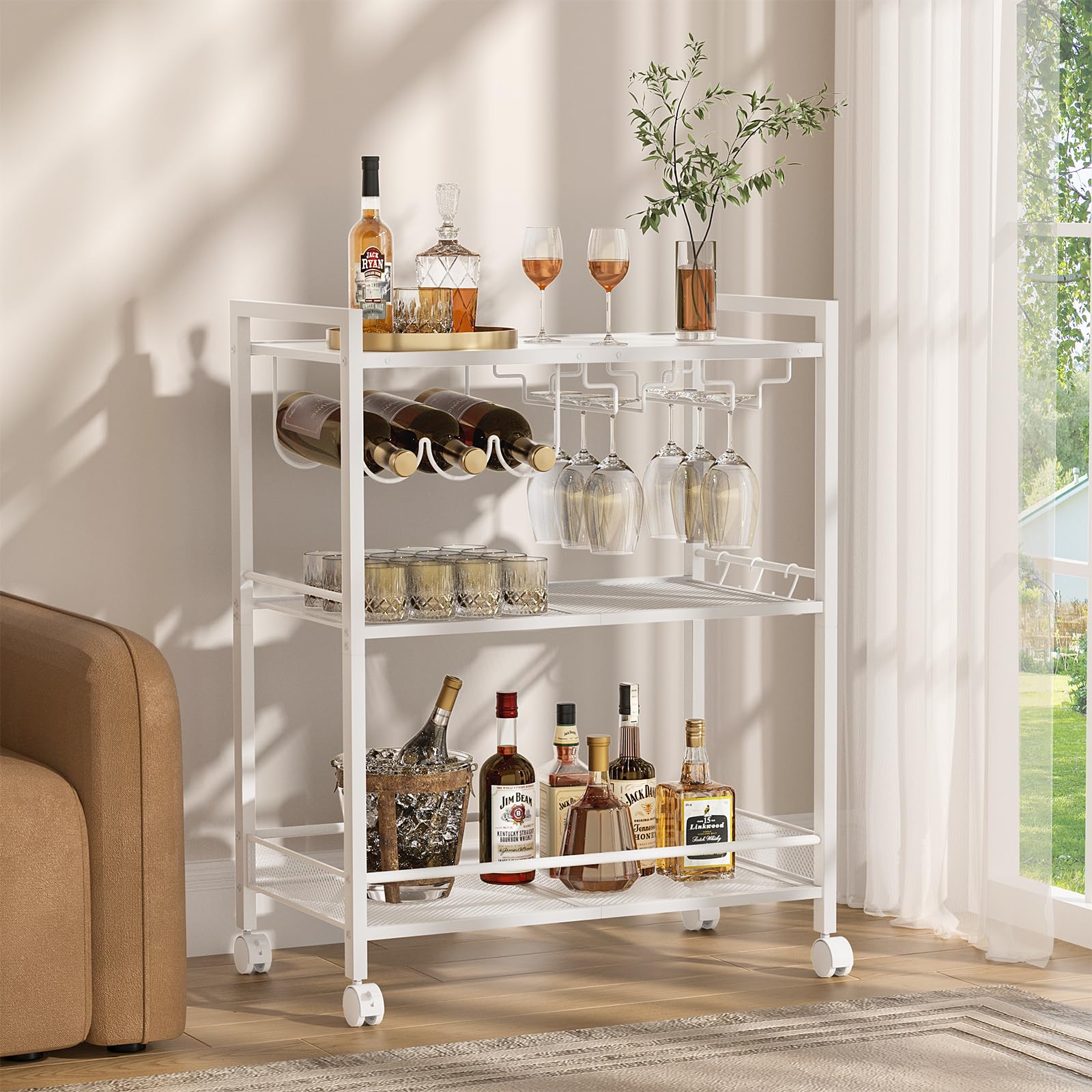White bar cart with 3-tier shelving, wine rack, glass holder, and rolling wheels
